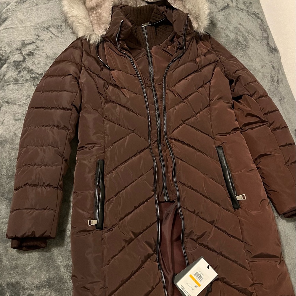 DKNY Women's burgandy Quilted Coat with Faux Fur Hood